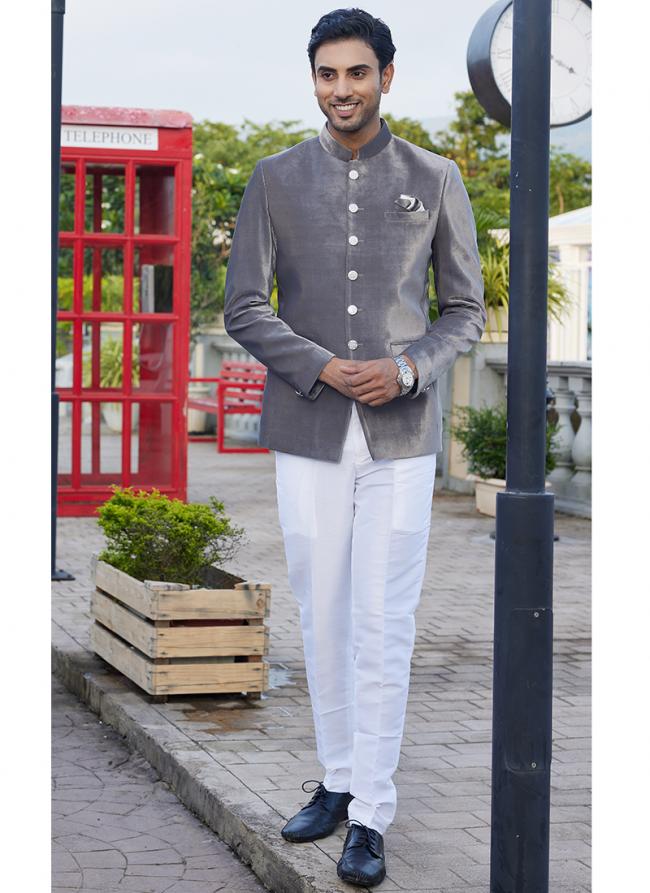 Velvet Grey Party Wear Thread Work Readymade Jodhpuri Suit(Top Only)